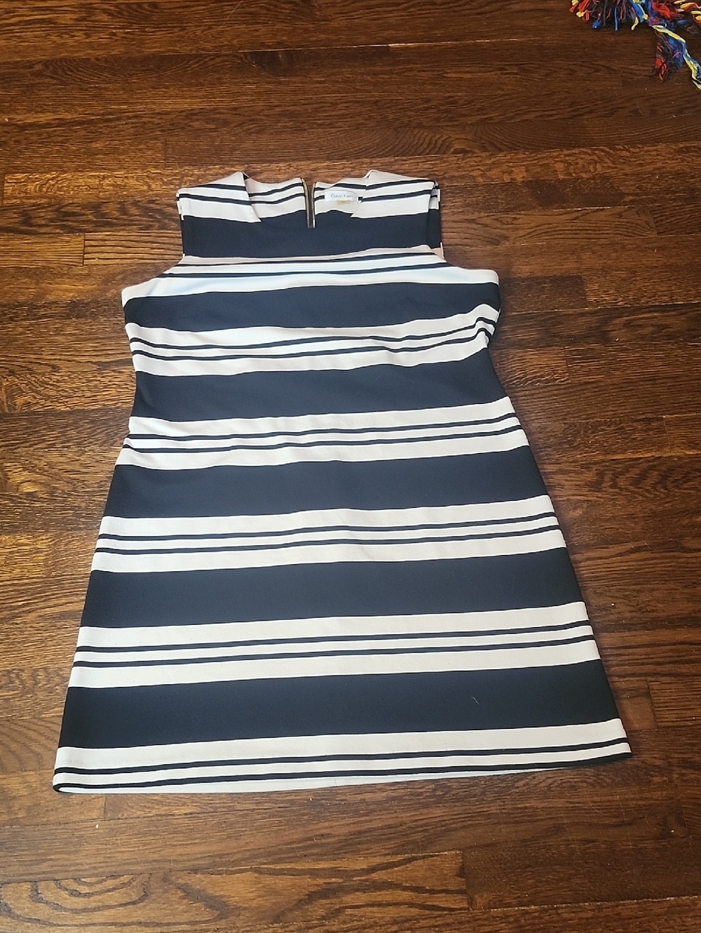 Calvin Klein Navy and White Striped Midi Dress SIZE 14